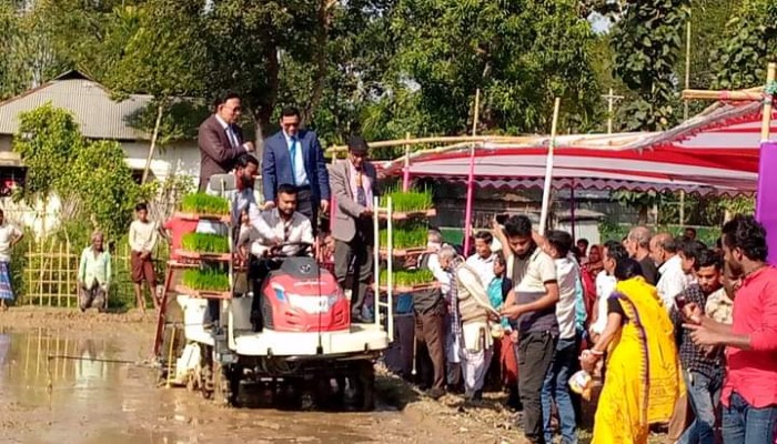 কমলগঞ্জে রাইস ট্রান্সপ্লান্টারের মাধ্যমে ধানের চারা রোপণ
